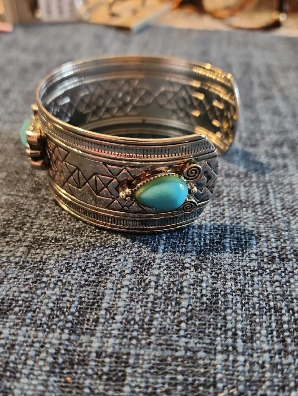 Turquoise Stone Silver-Tone Cuff Bracelet - Women Jewelry